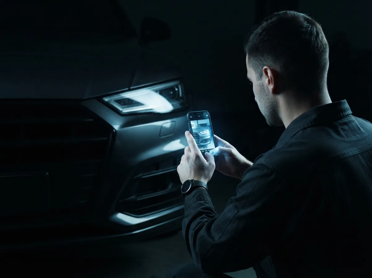 Técnico fotografiando el frente de un auto en la recepción
