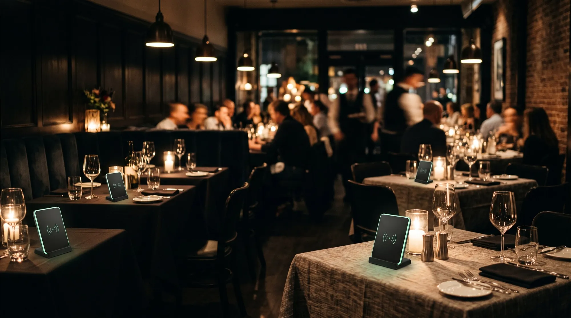 Restaurante de noche con una placa NFC en cada mesa