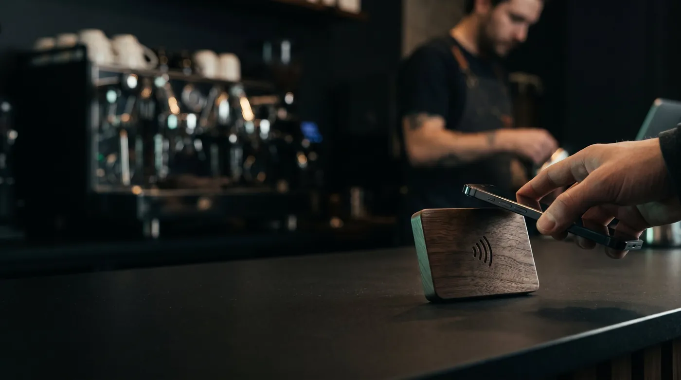 Cliente acercando su celular a una placa de madera en la barra de una cafetería