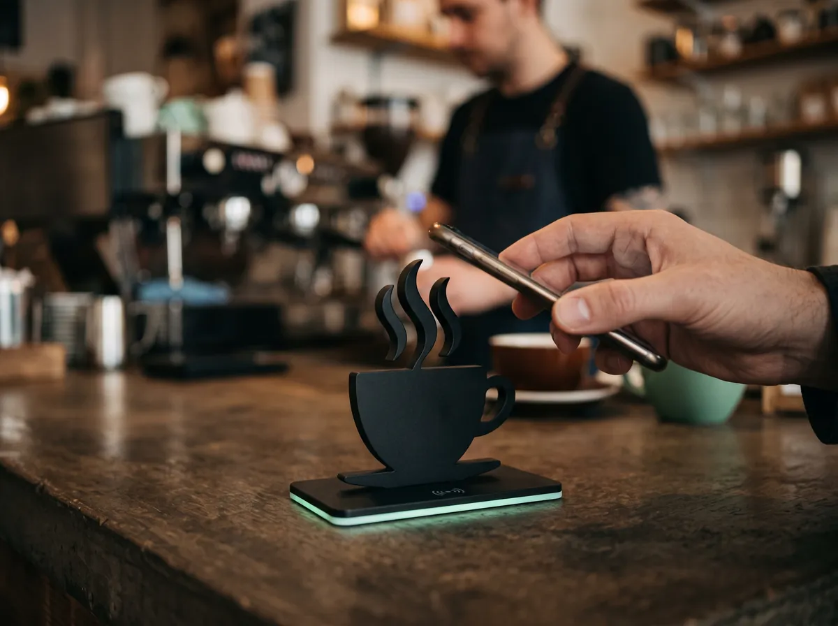 Figura 3D personalizada en forma de taza de café con chip NFC en la barra de una cafetería